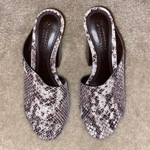 MERCEDES CASTILLO Snakeskin Print Slide Sandals in Brown and White